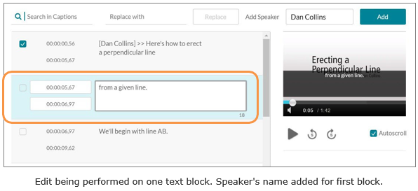 Edit being perfomed on one text block. Speaker's name added for first block