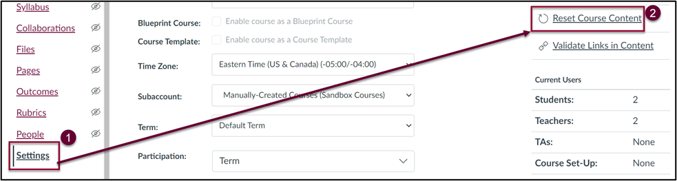 Settings and Reset Course Content Button