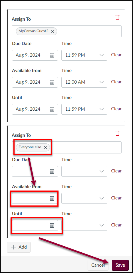 Assign to dates and time