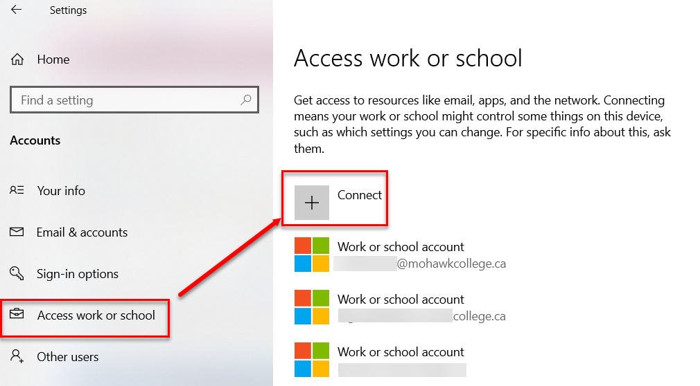 Settings menu with Accounts submenu showing the location of Access work or school